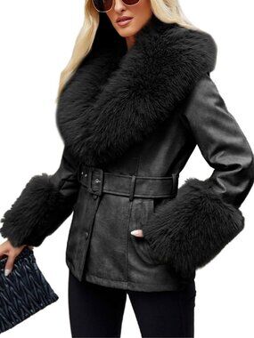 Faux Leather Furry Jacket with Belt | Stylish Fall Winter Coat for Women